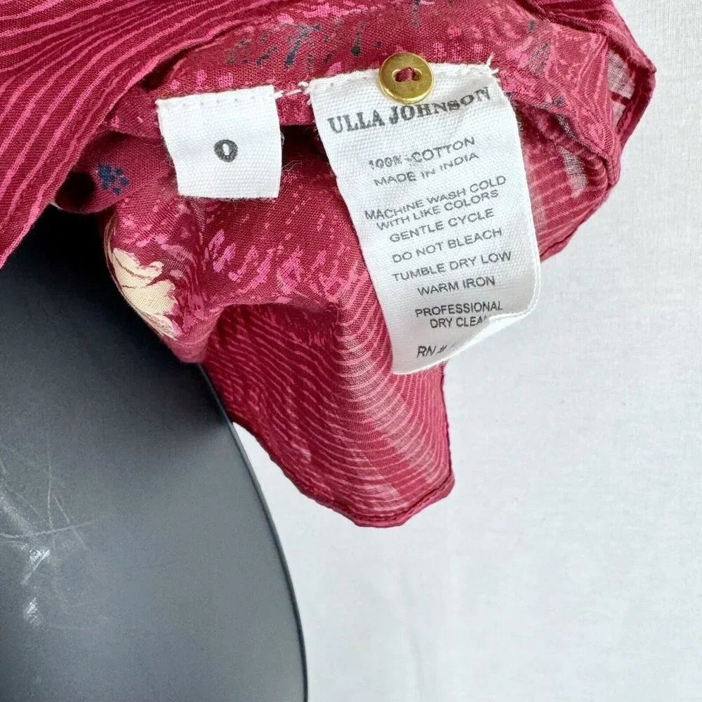 Ulla Johnson Arbor Red Embroidered Floral Puff Sleeve Cotton Top Size 0